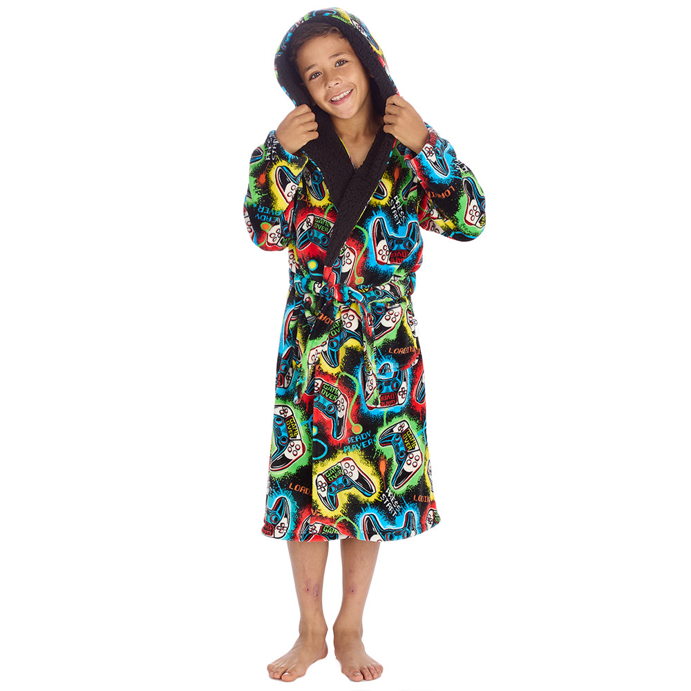 Boys Black Gamer Hooded Dressing Gown 