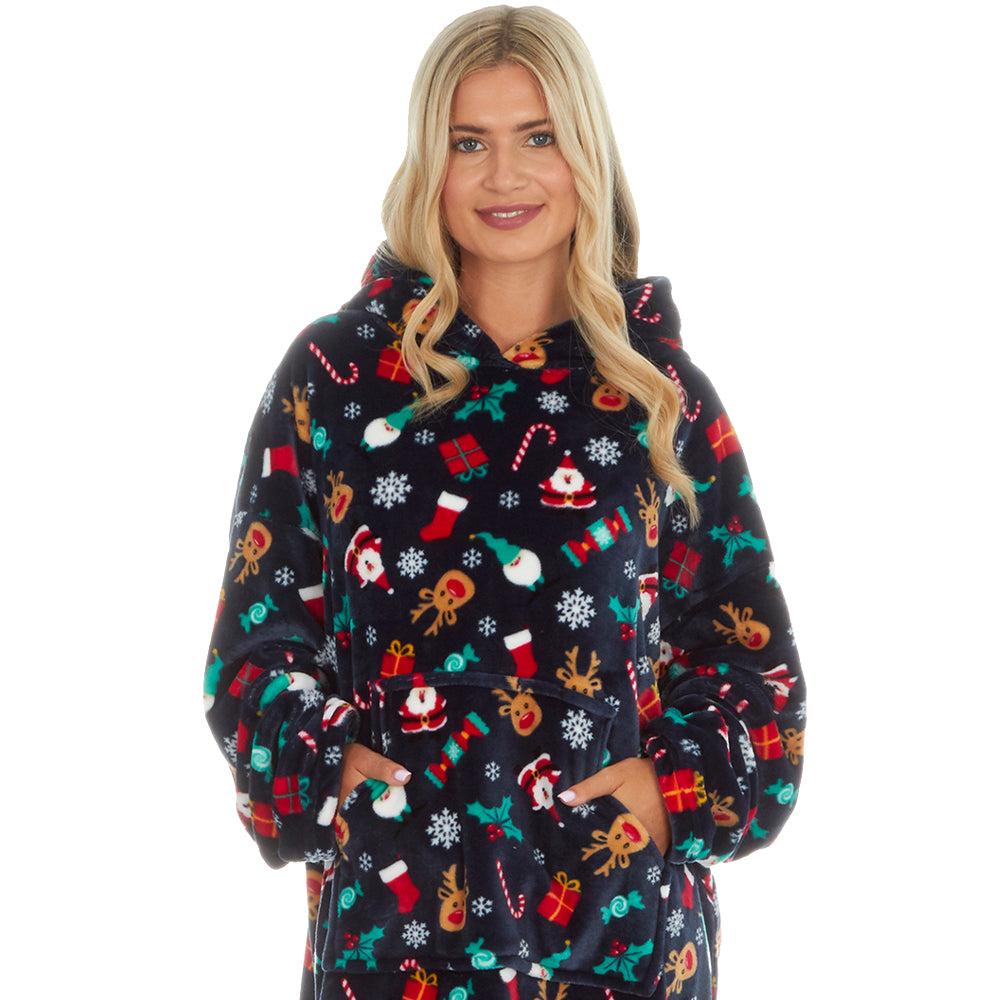 Ladies Navy Christmas Print Blanket Hoodie