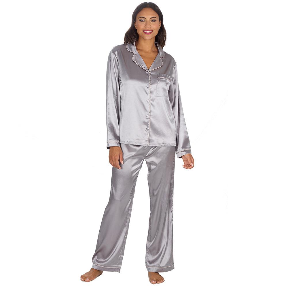 Ladies Silver Silky Satin Long Pyjama Set