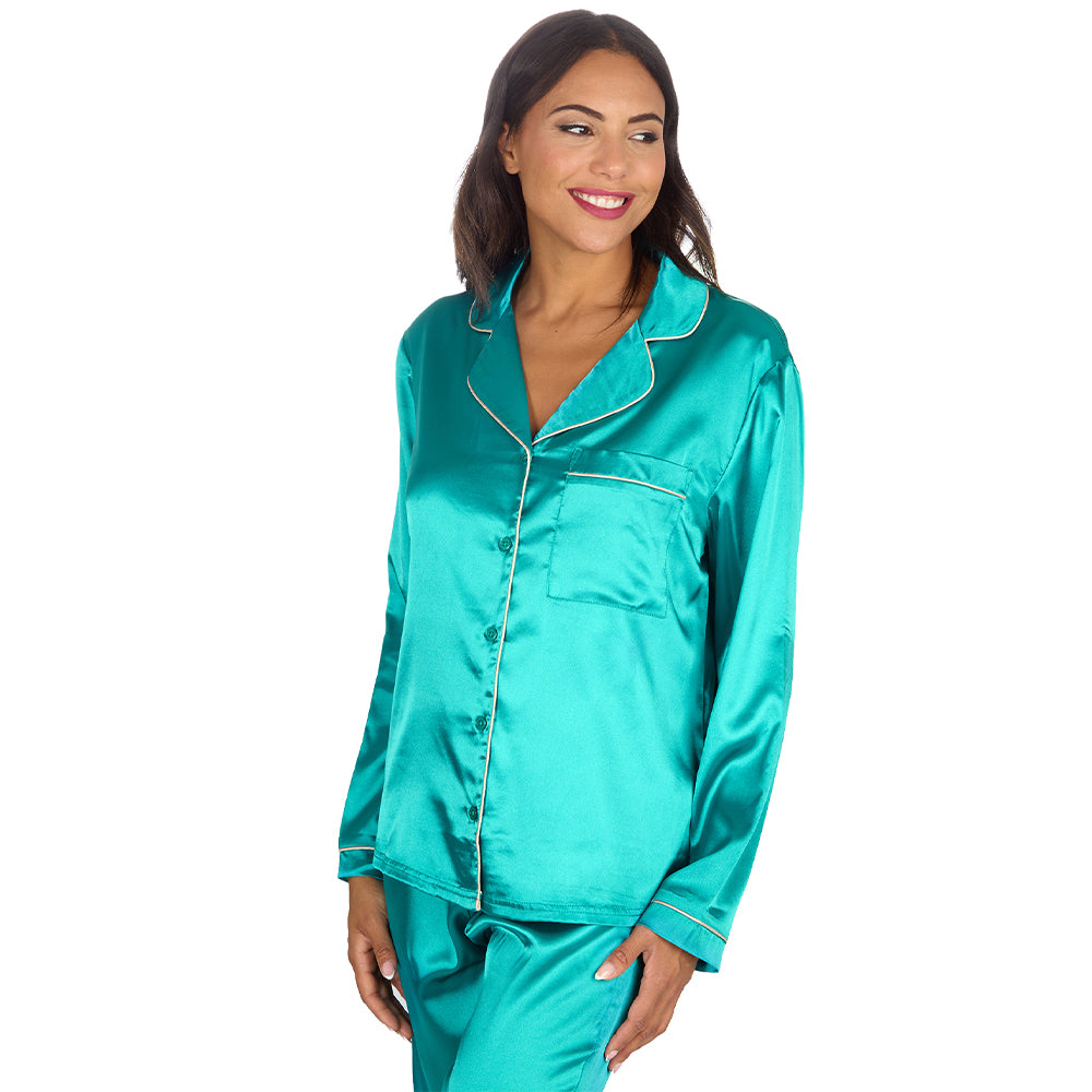 Ladies Teal Silky Satin Long Pyjama Set