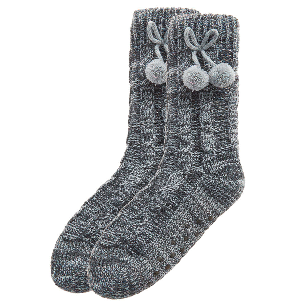Ladies Cable Knit Grey Slipper Socks