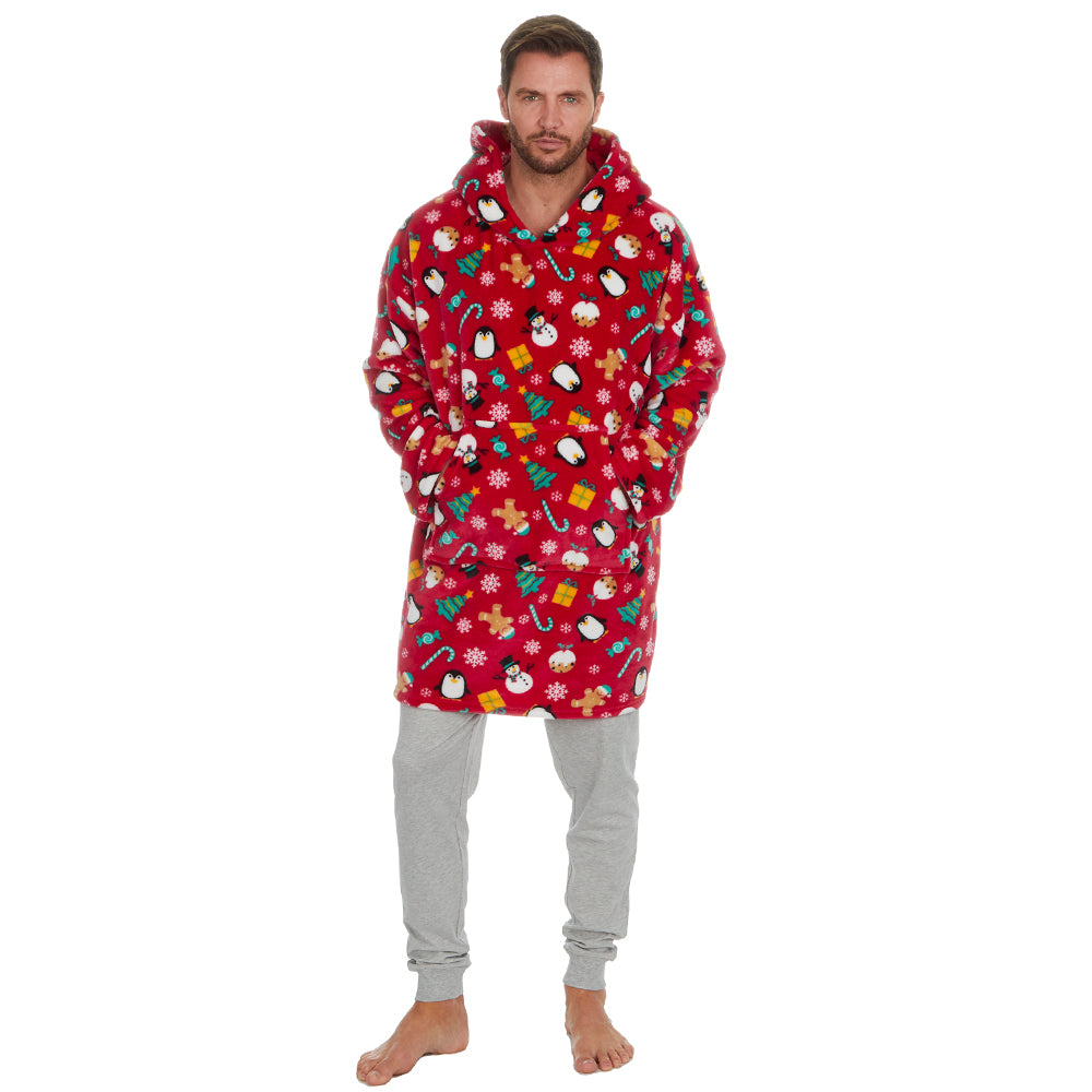 Mens Red Christmas Print Blanket Hoodie