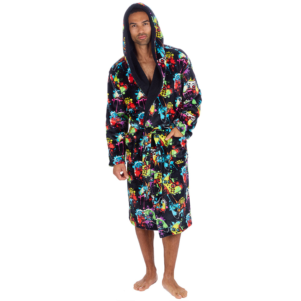 Mens Navy Gamer Hooded Dressing Gown