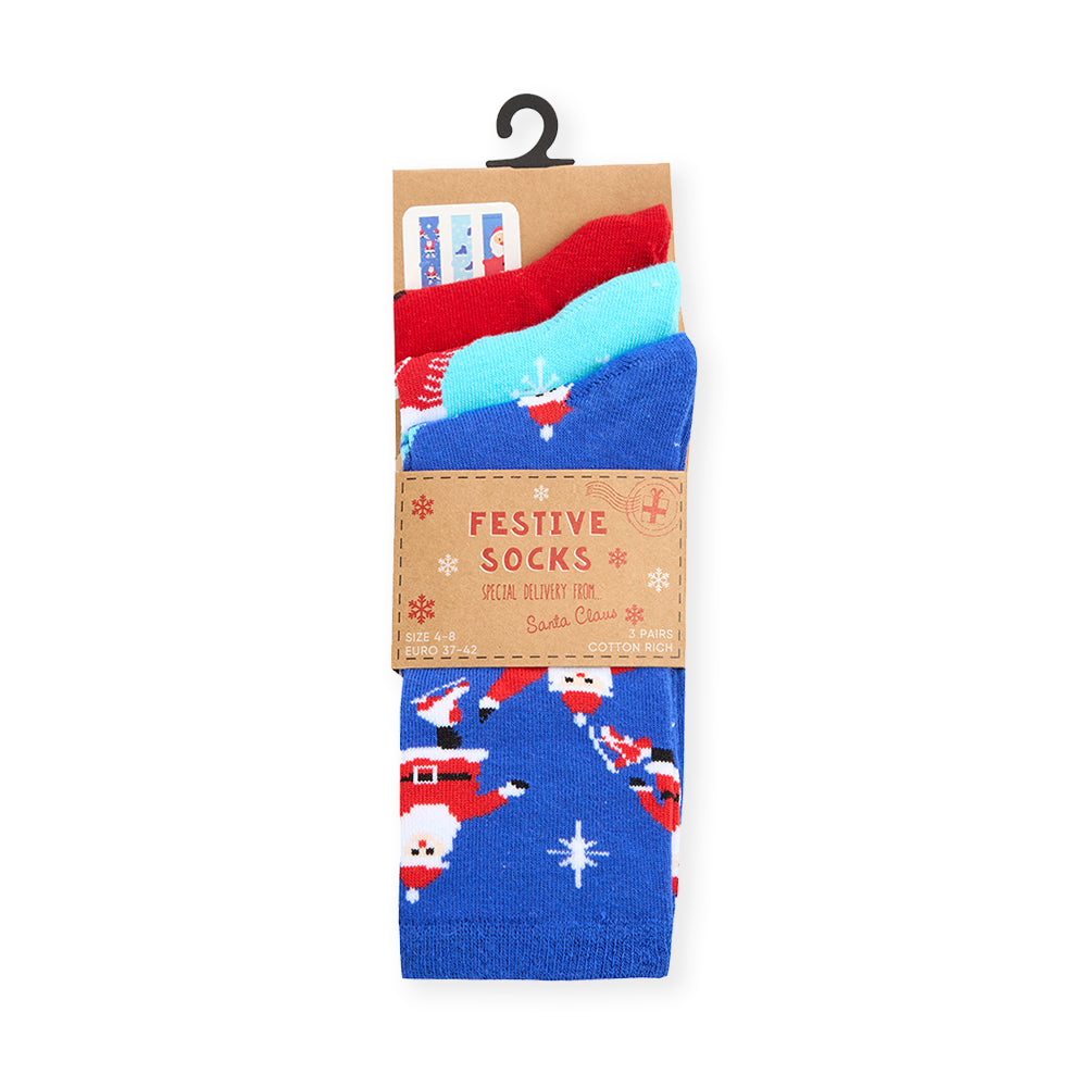 Ladies 3 Pairs Christmas Santa Cotton Socks