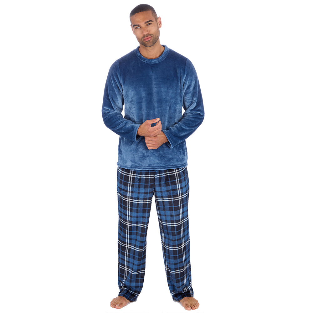 Mens Blue Check Fleece Pyjama Set