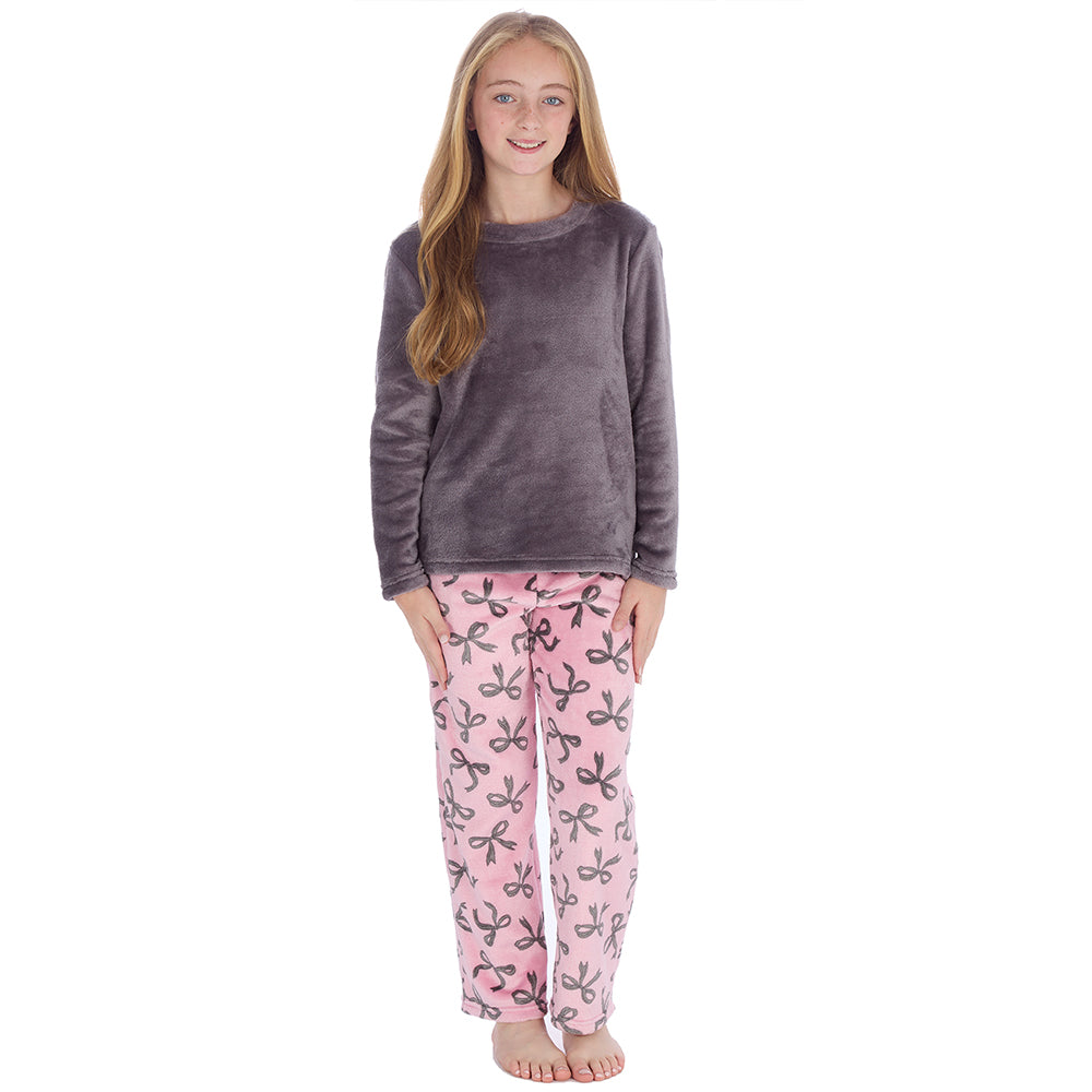 Girls Grey Bows Fleece Pyjama Set