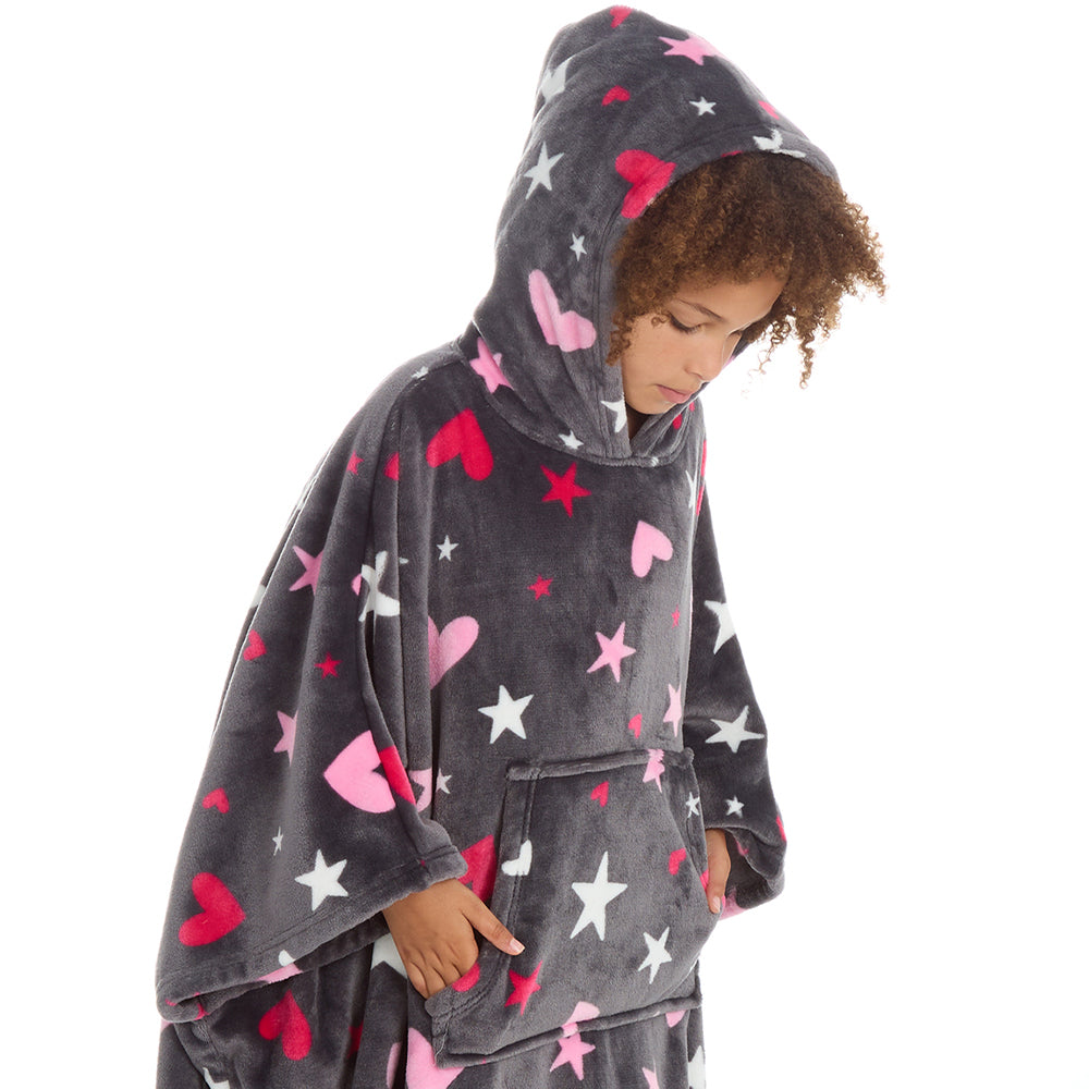 Girls Hearts Grey Poncho Hooded Blanket