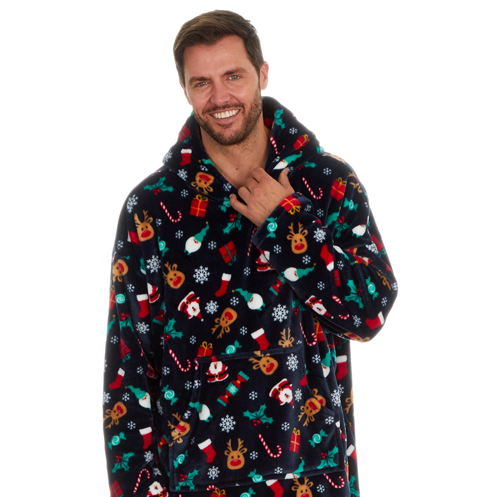 Mens Navy Christmas Print Blanket Hoodie