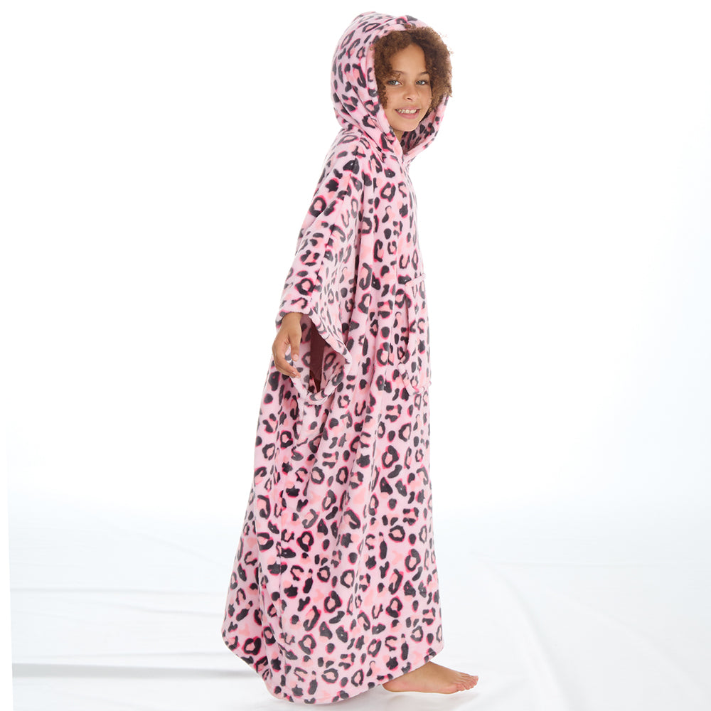 Girls Leopard Pink Poncho Hooded Blanket