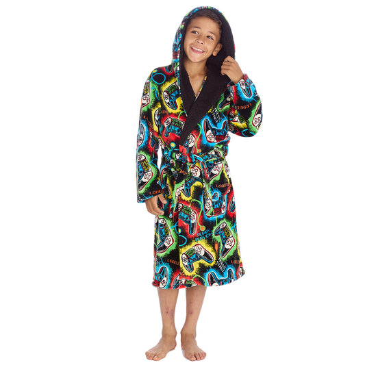 Boys Black Gamer Hooded Dressing Gown 