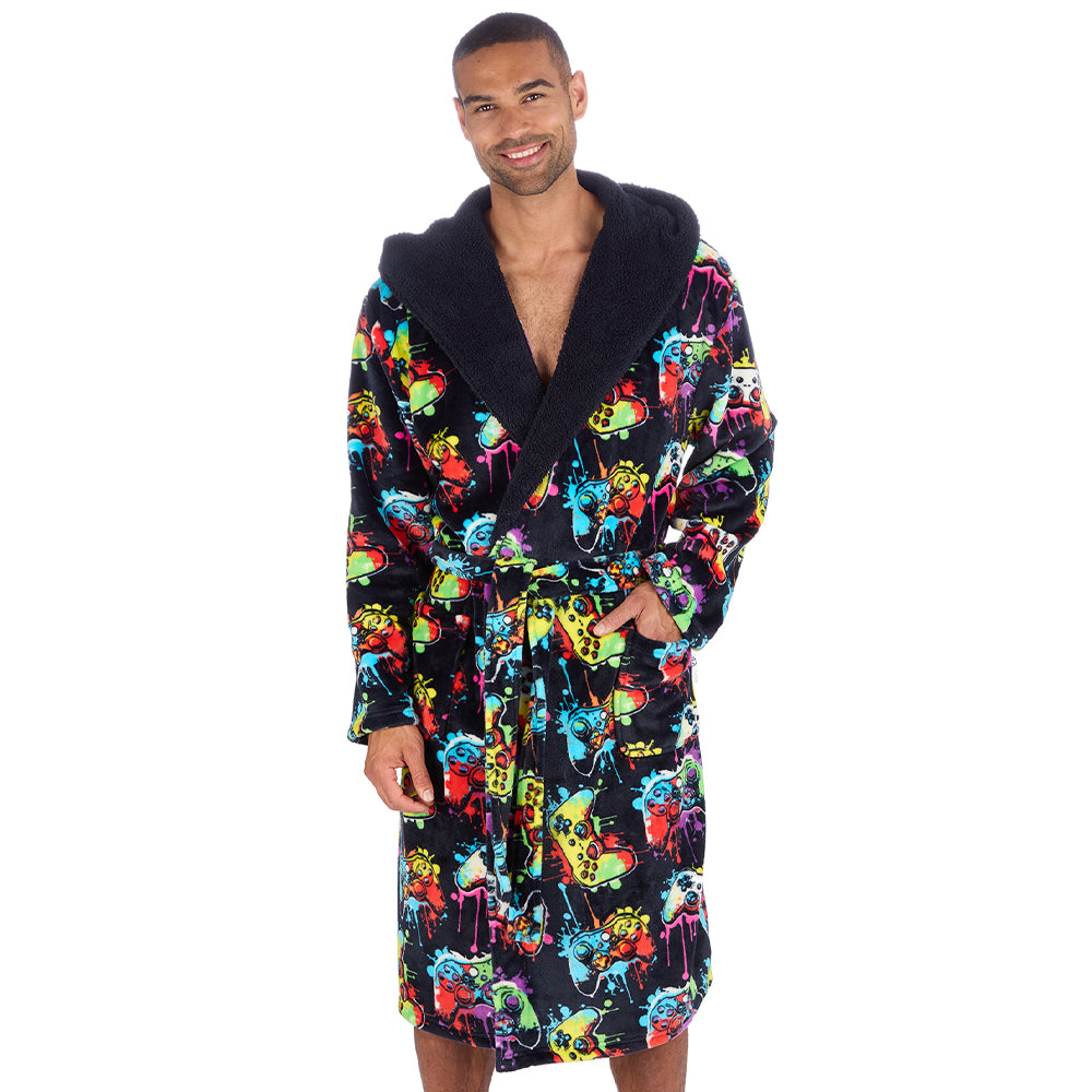 Mens Navy Gamer Hooded Dressing Gown