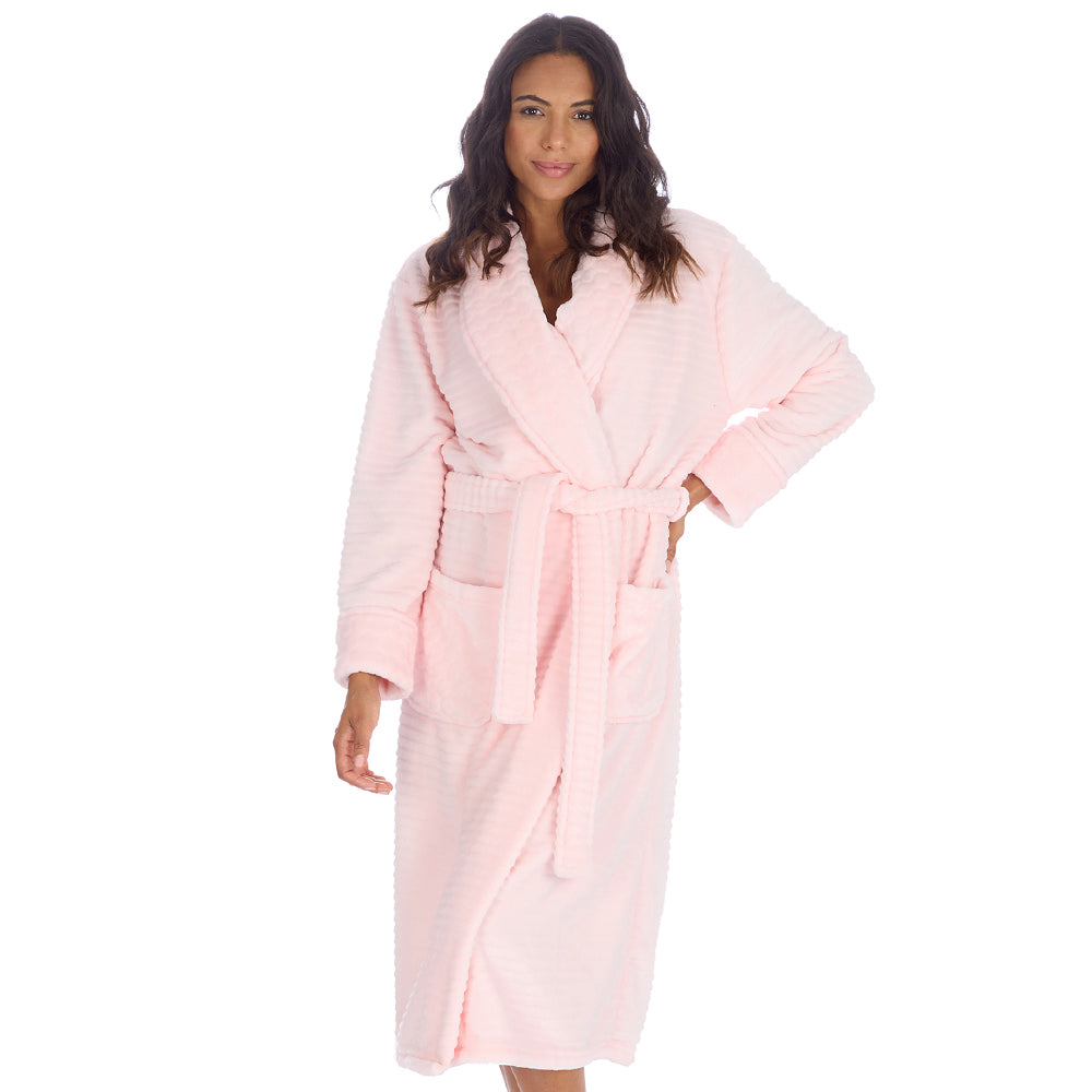 Ladies Baby Pink Textured Shawl Collar Dressing Gown