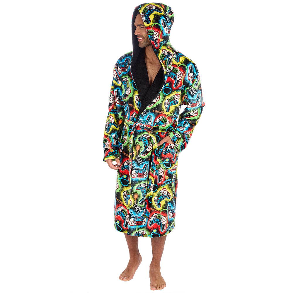 Mens Black Gamer Hooded Dressing Gown