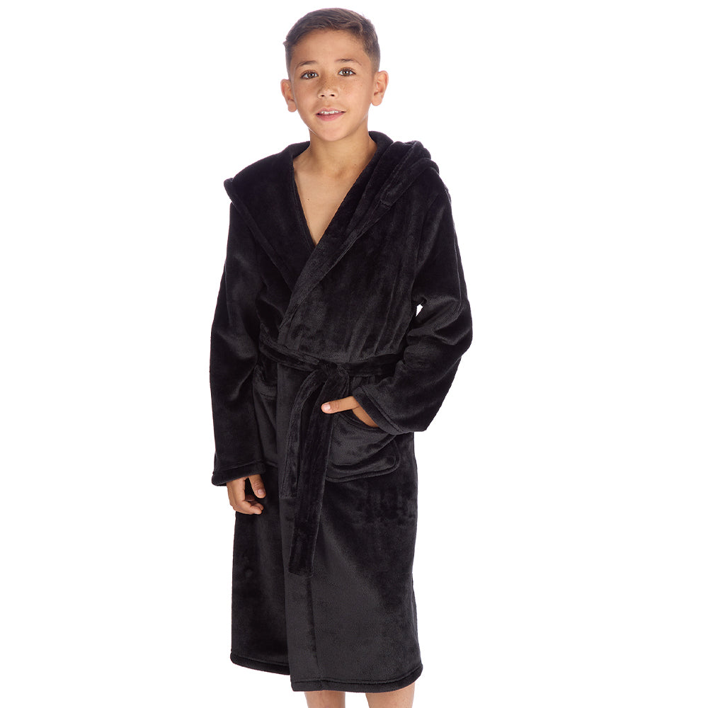Boys Plain Black Hooded Dressing Gown