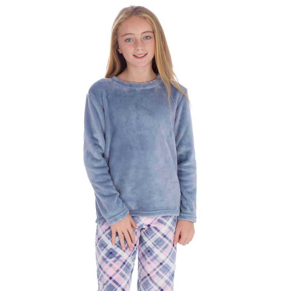 Girls Blue Check Fleece Pyjama Set