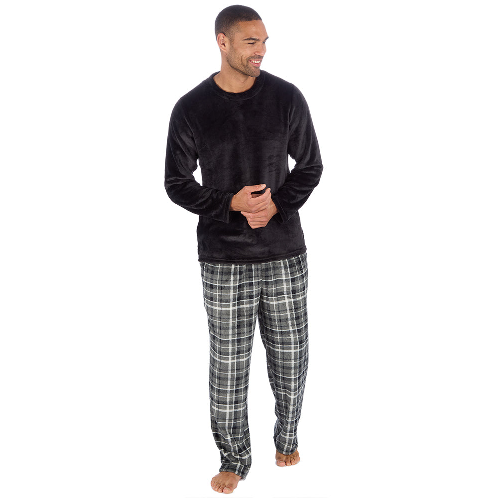 Mens Black Check Fleece Pyjama Set