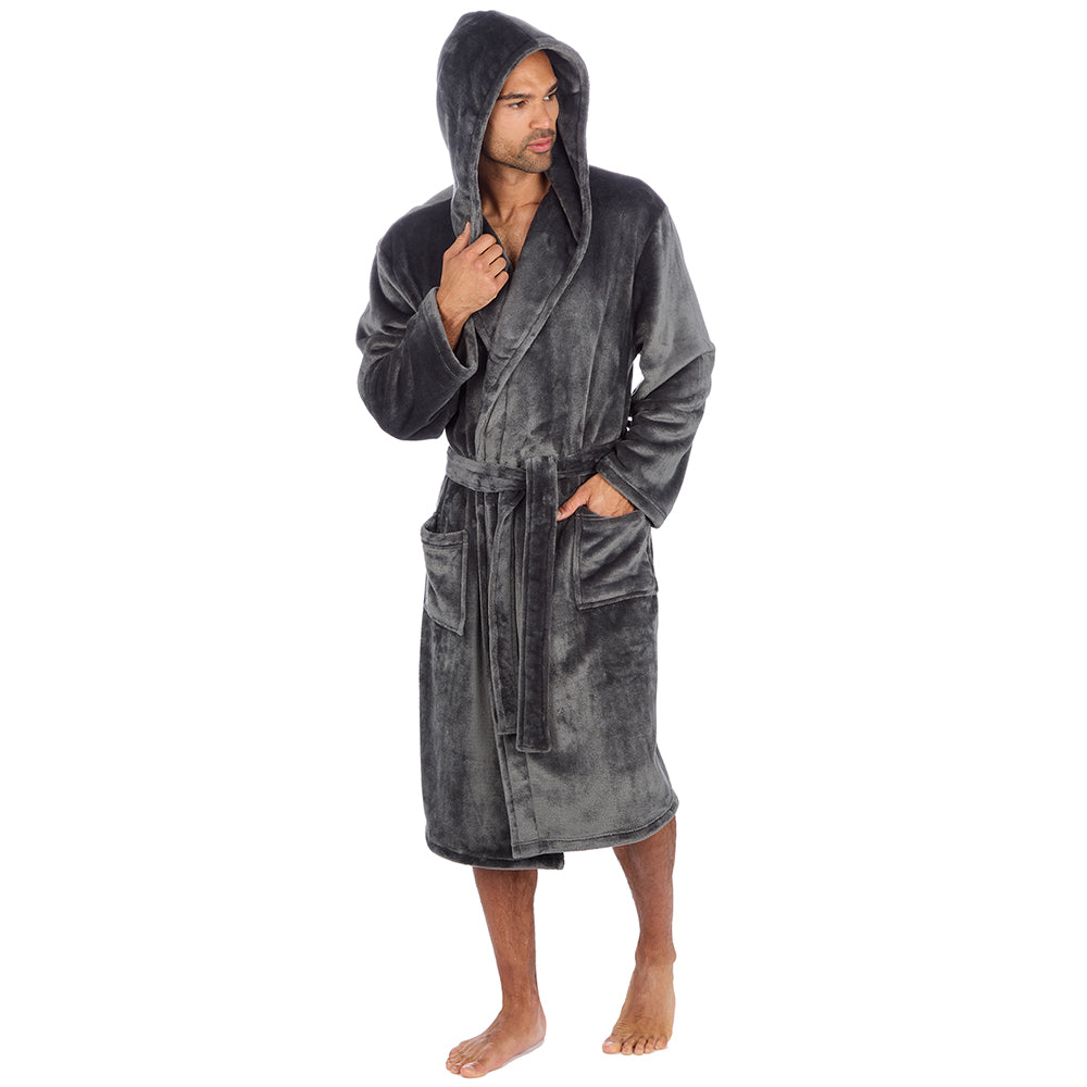 Mens Plain Hooded Charcoal Dressing Gown