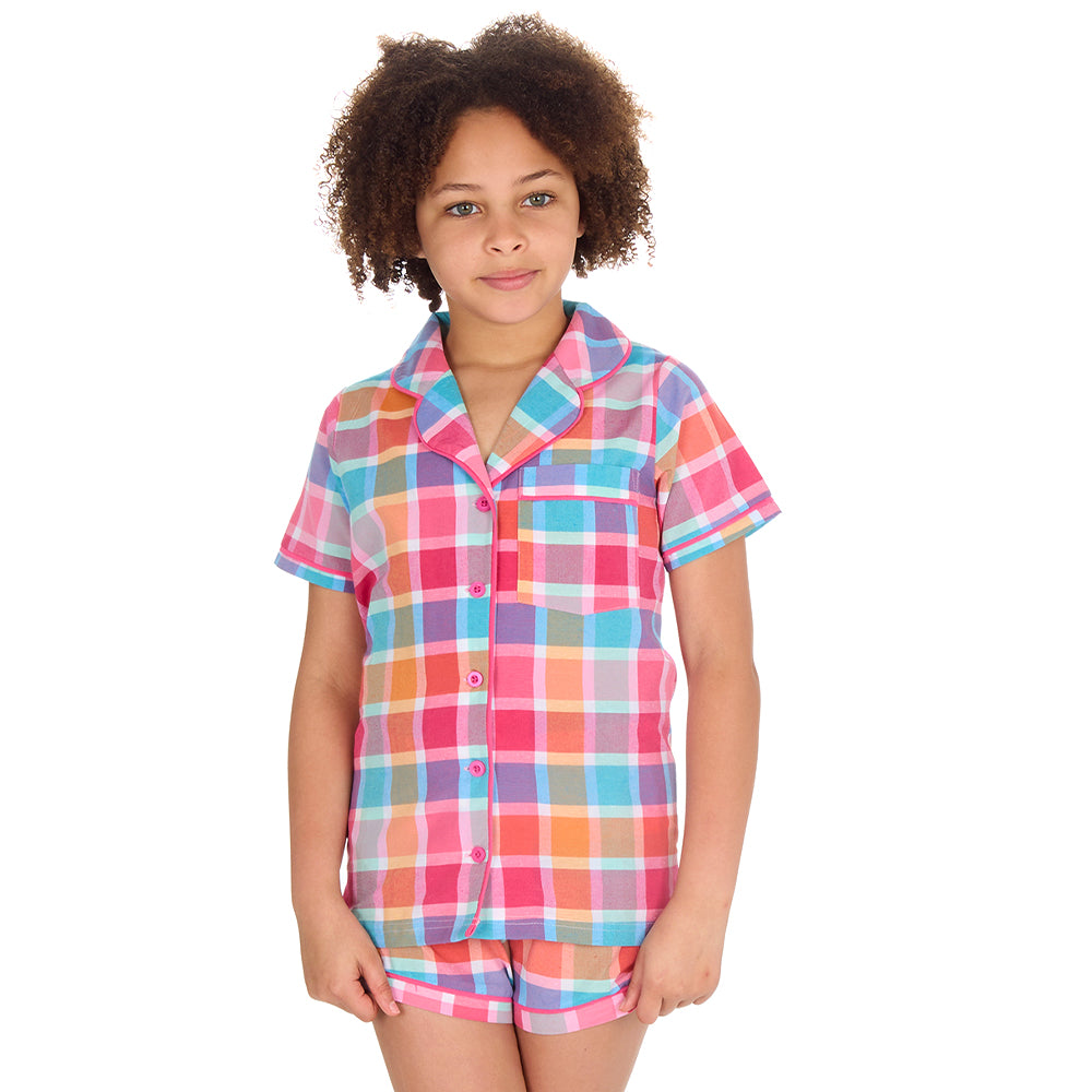Girls Pink Check Woven Short Pyjamas