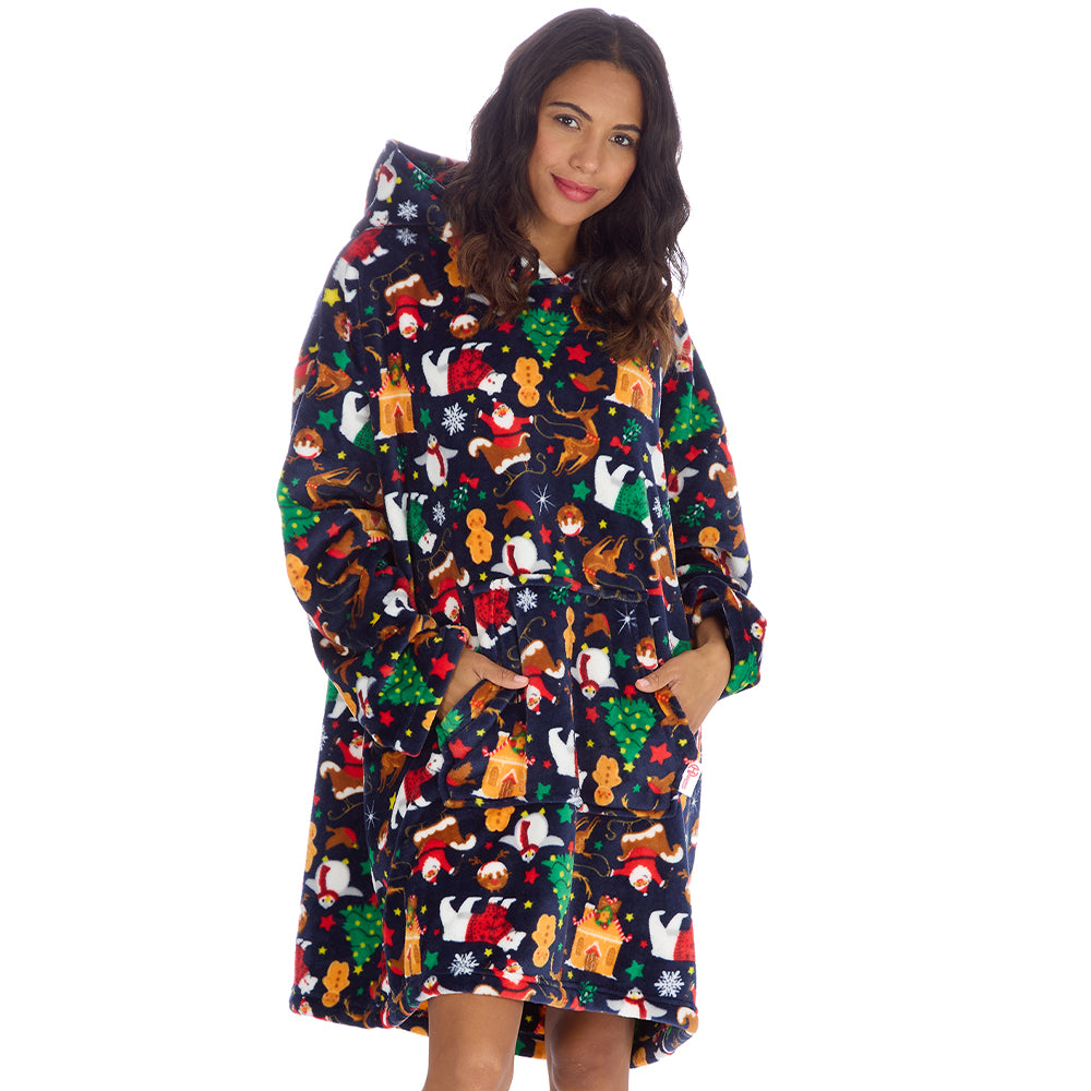 Ladies Navy Christmas Fleece Blanket Hoodie
