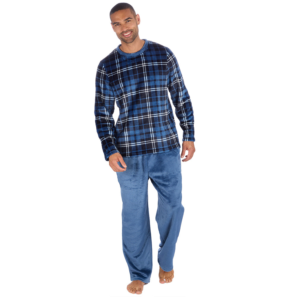 Mens Checked Blue Fleece Pyjama Set