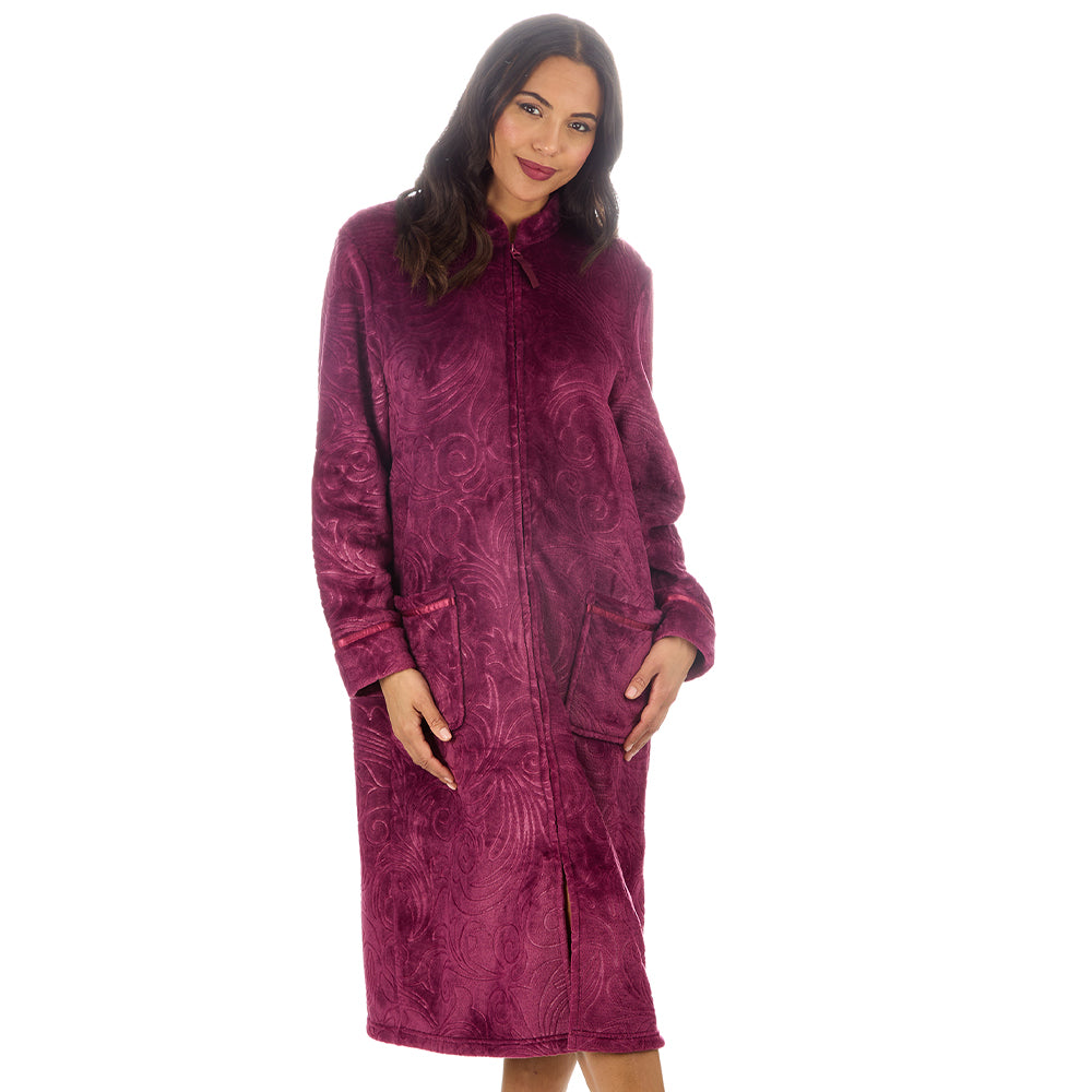 Ladies Full Zip Floral Embossed Burgundy Dressing Gown