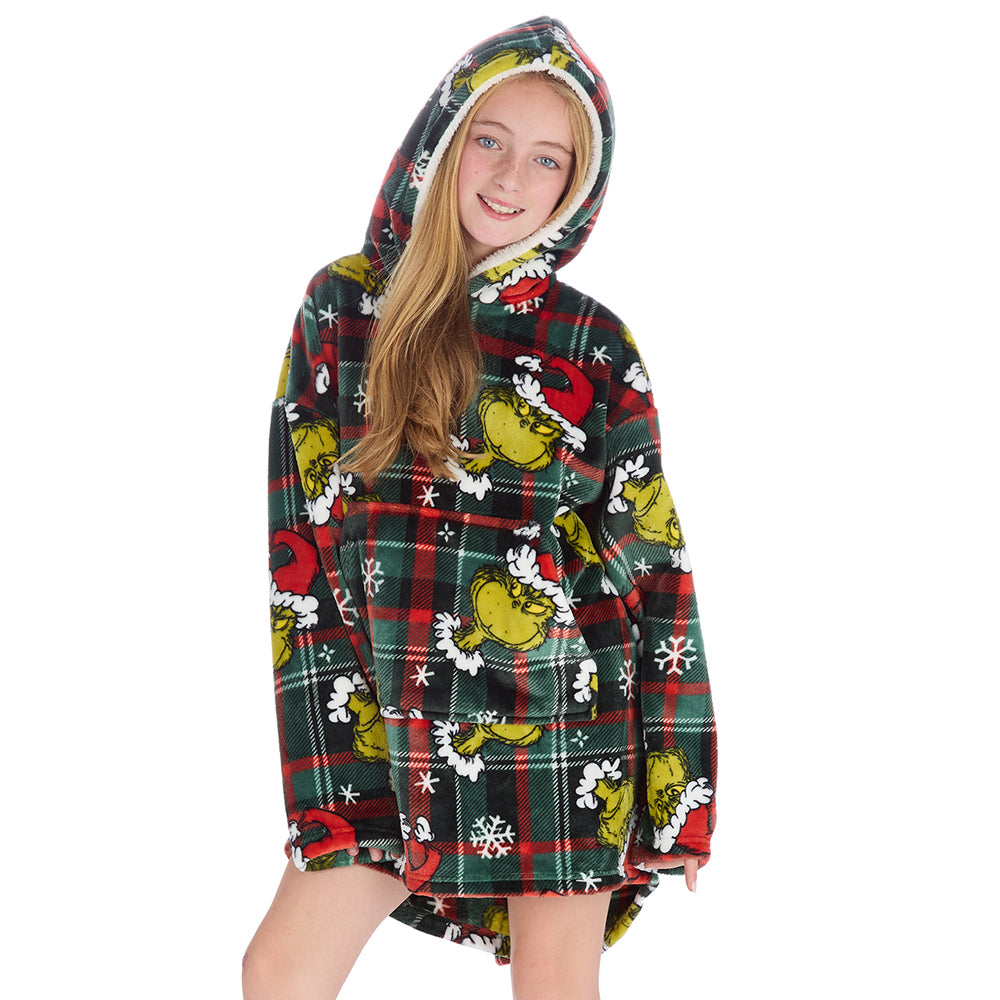 Girls Grinch Check Blanket Hoodie