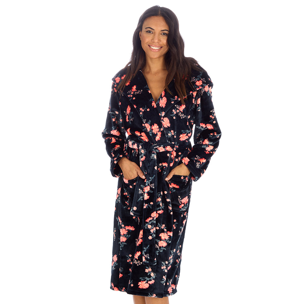 Ladies Floral Print Black Dressing Gown 